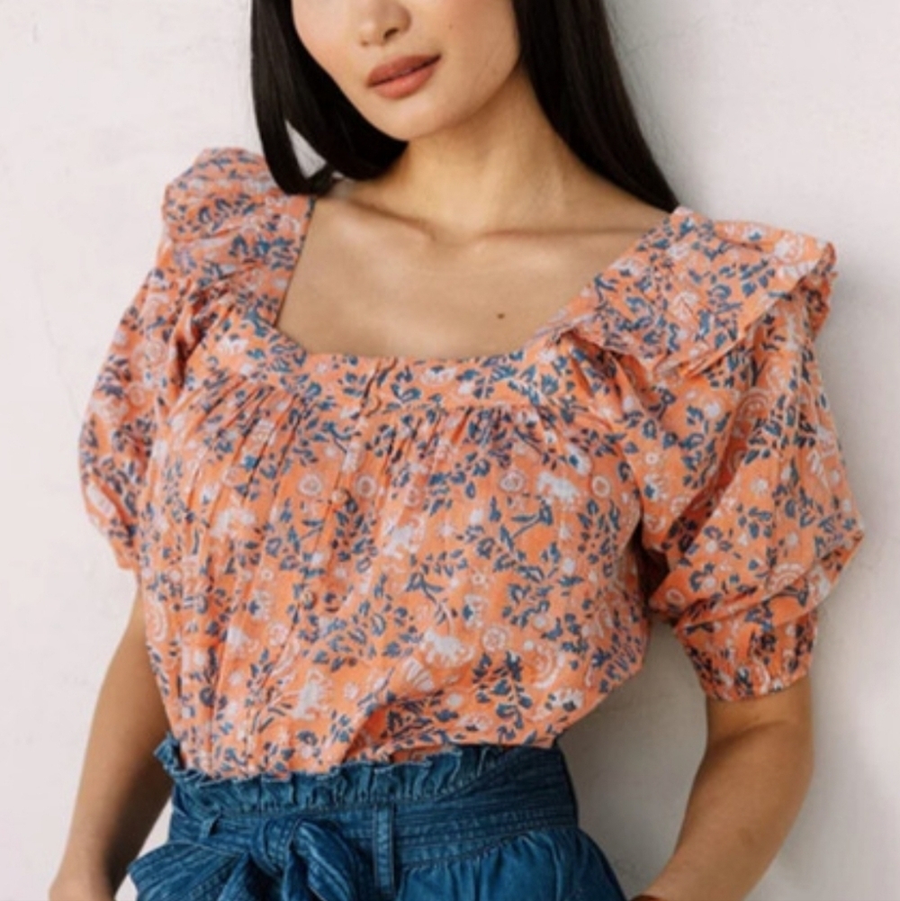 Cleobella NEW Mariana Pink Floral Ruffle Puff Sleeve Button Front Top SZ Large